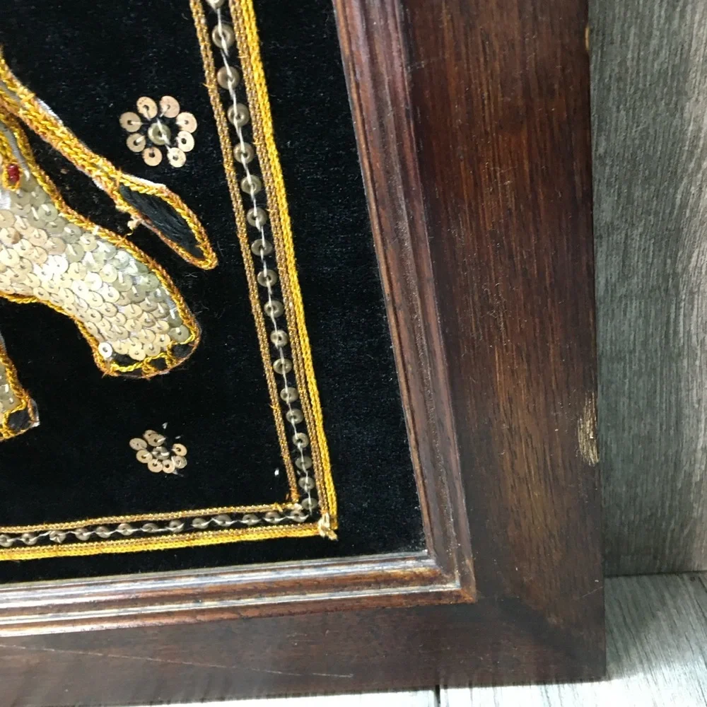 Thai Pearl Bead Sequined Elephant Hanging Wooden Framed Art Black Velvet